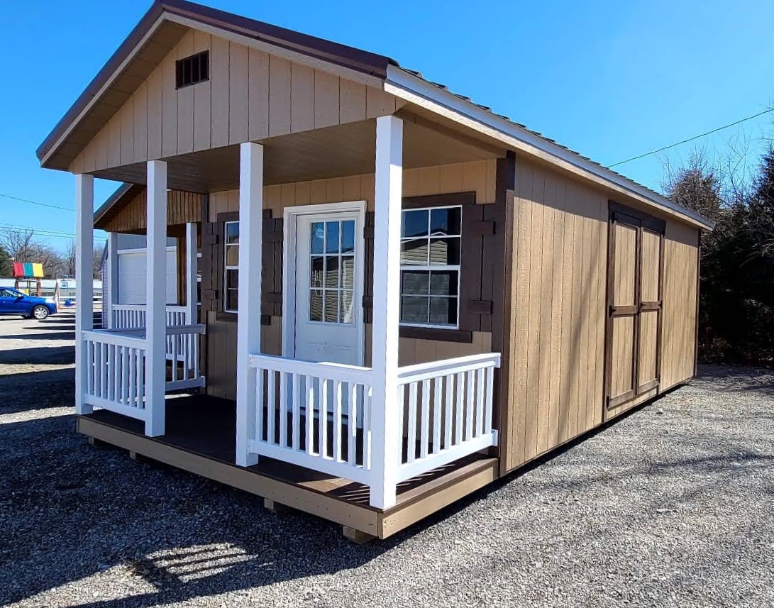 exterior of ranch with porch painted wood shed for sale in KY and TN