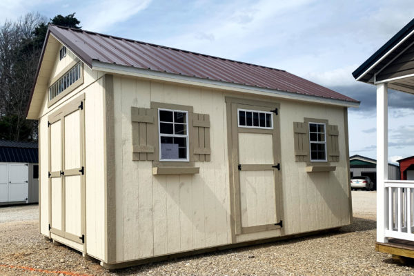 exterior of white and brown ranch painted wood shed for sale in KY and TN