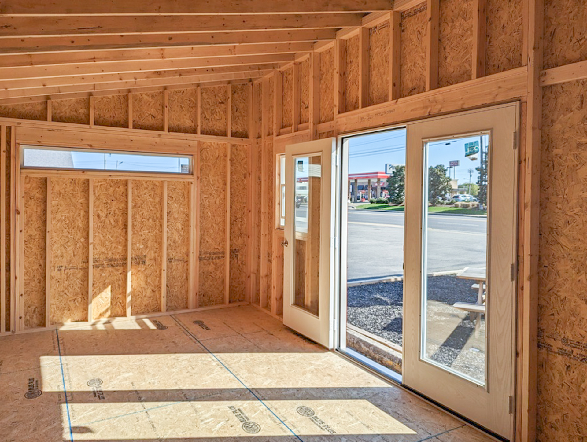 the interior of a skillion single-slope shed for sale by Esh's Utility Sheds
